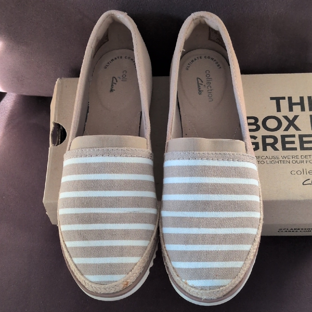 Clarks Tan and Cream Striped Slip-On Shoes